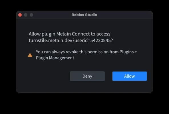 Roblox Studio permission prompt asking to allow Metain Connect plugin access